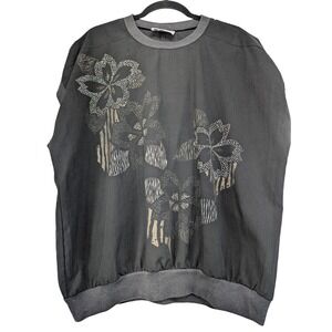 Teddi of California Womens‎ Short Sleeve Embellished Floral Top Charcoal Gray XL